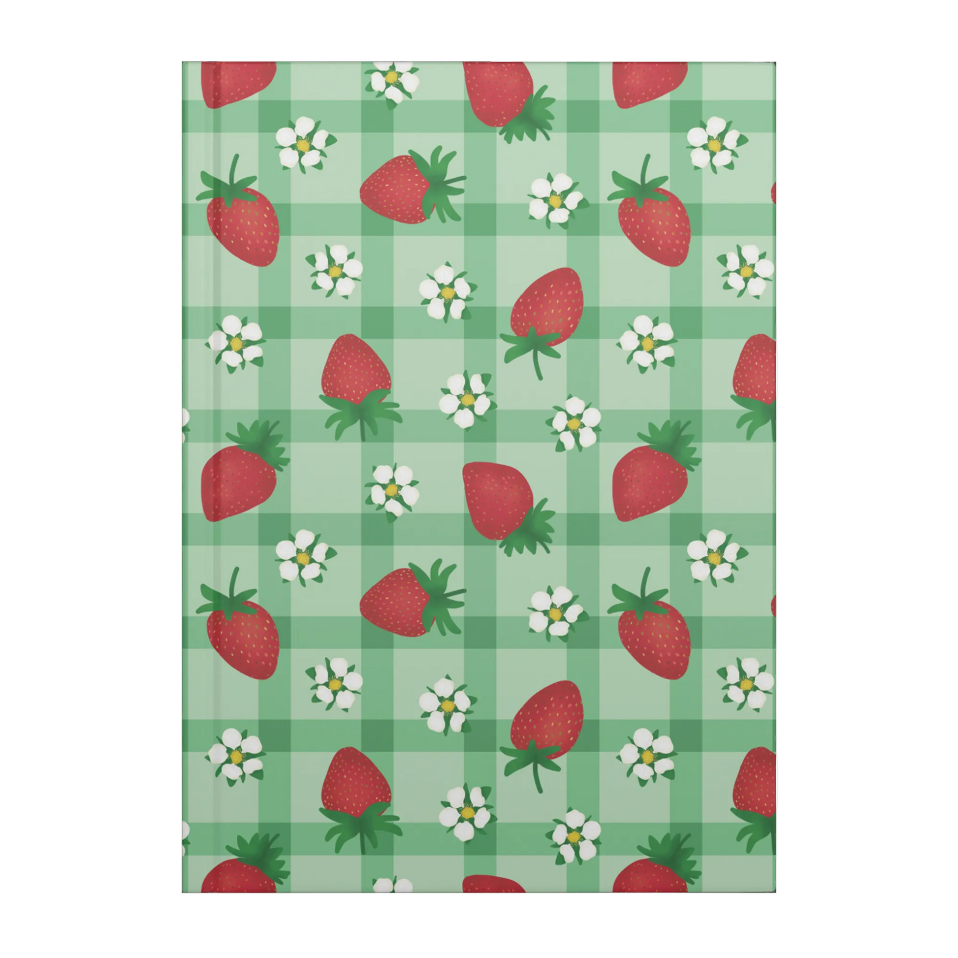 Hardcover journal with red strawberries and white flowers on green gingham.