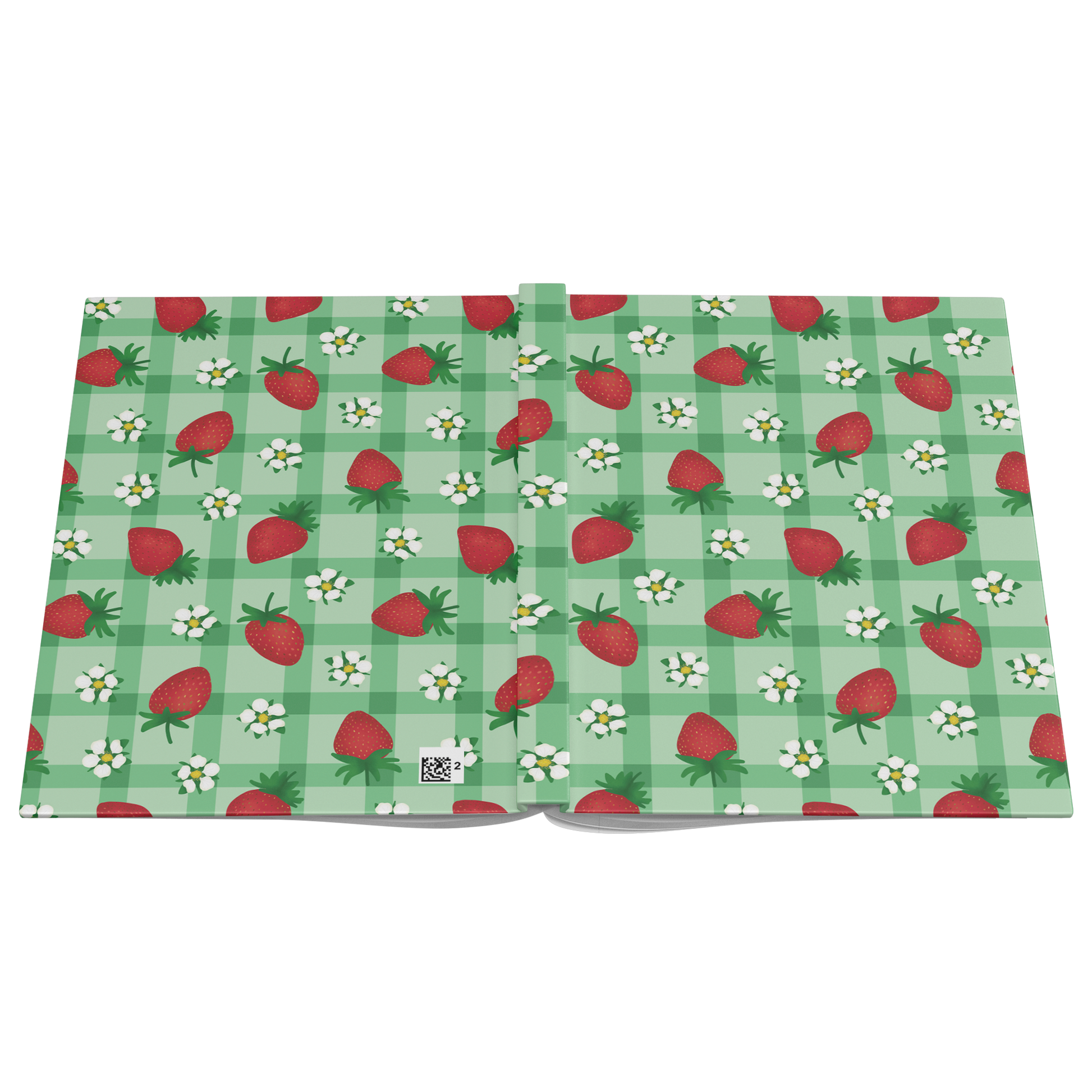 Hardcover journal with red strawberries and white flowers on green gingham.