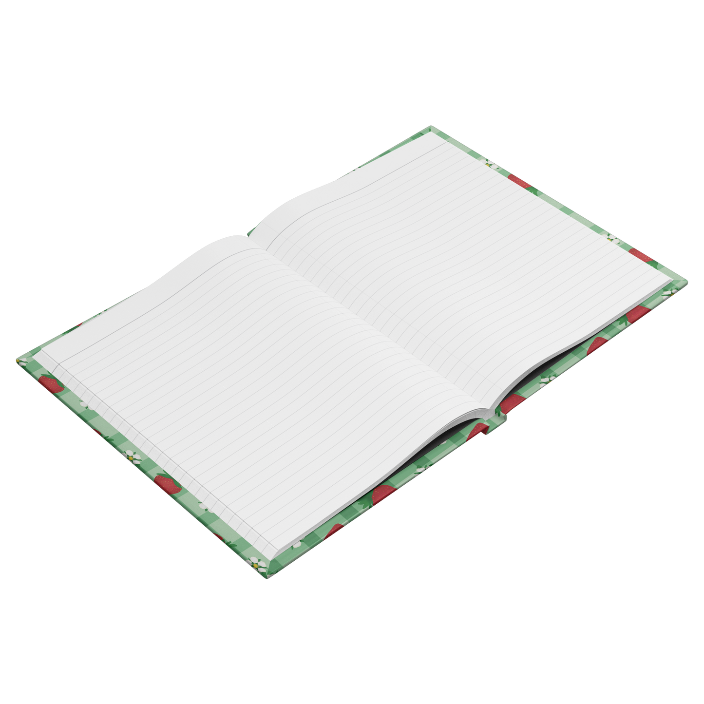 Open Hardcover journal with red strawberries and white flowers on green gingham.
