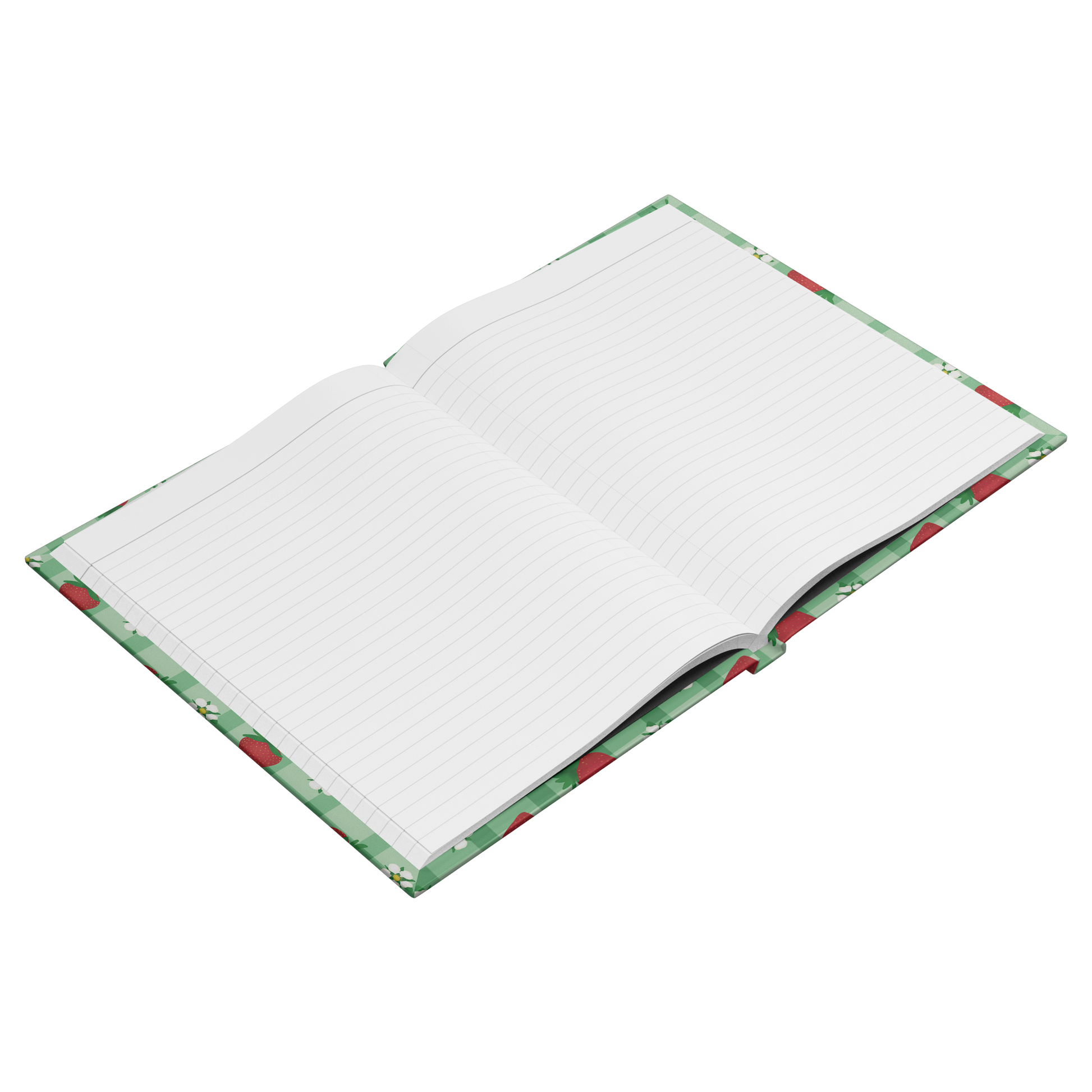 Open Hardcover journal with red strawberries and white flowers on green gingham.