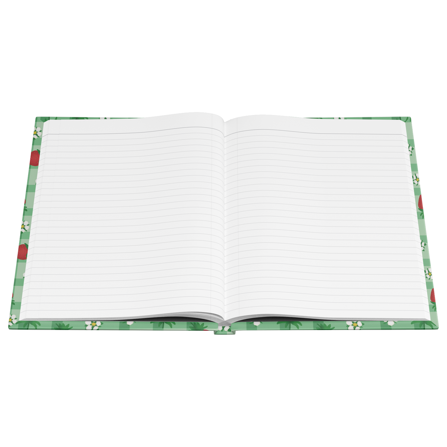 Open Hardcover journal with red strawberries and white flowers on green gingham.