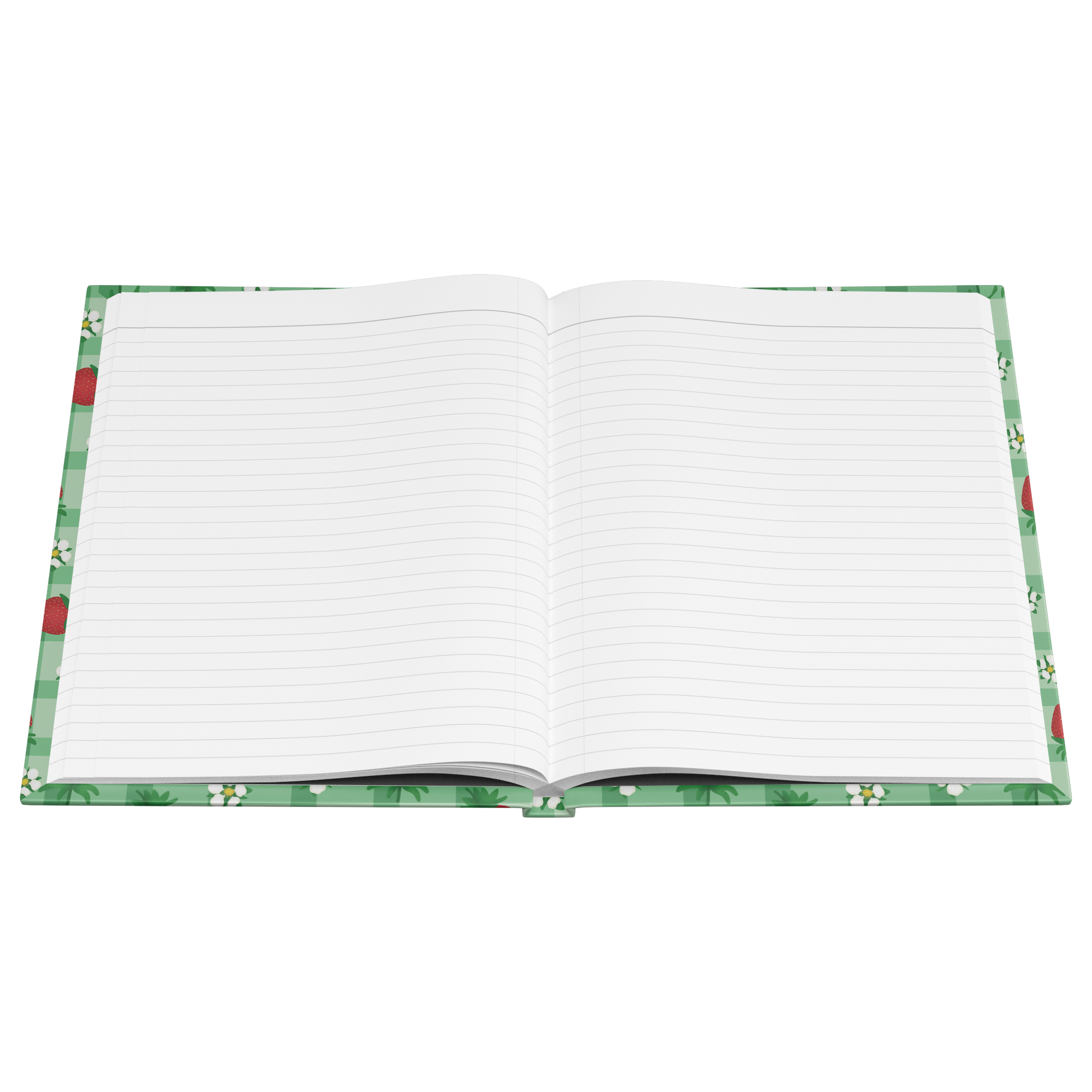 Open Hardcover journal with red strawberries and white flowers on green gingham.