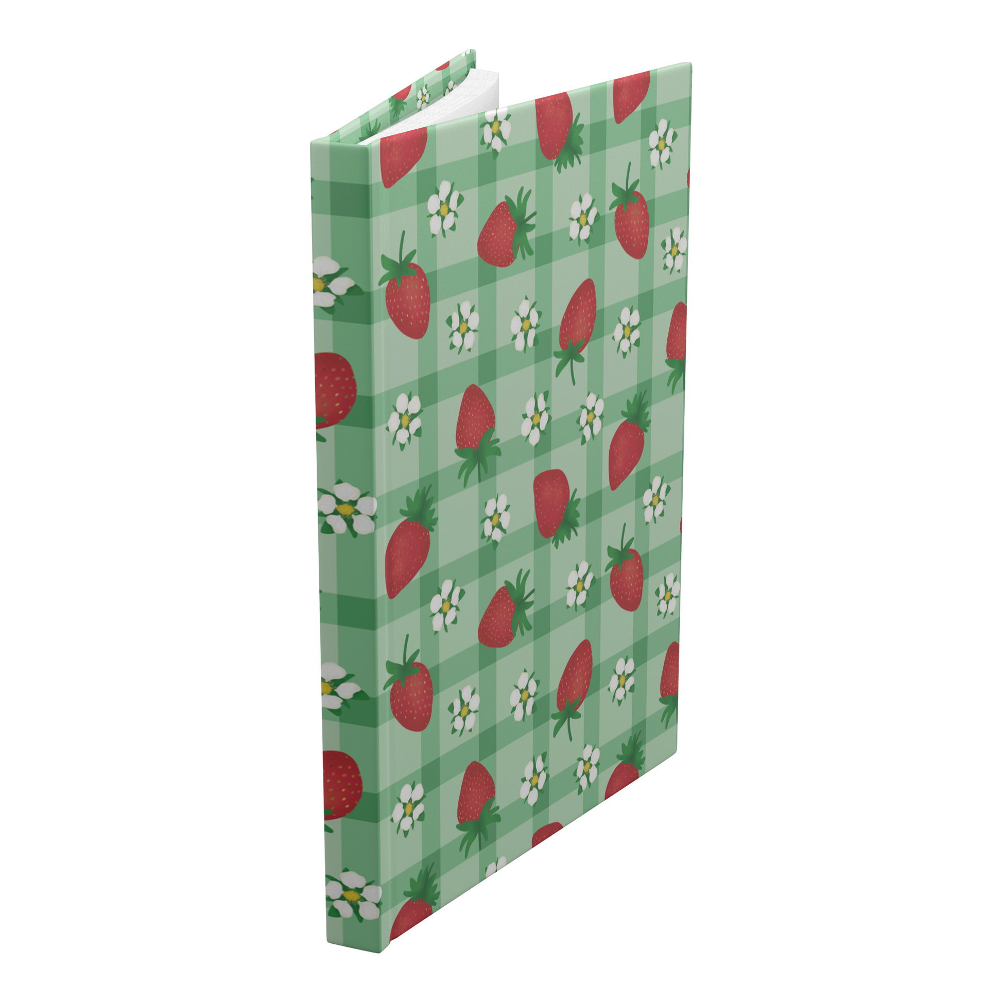 Hardcover journal with red strawberries and white flowers on green gingham.