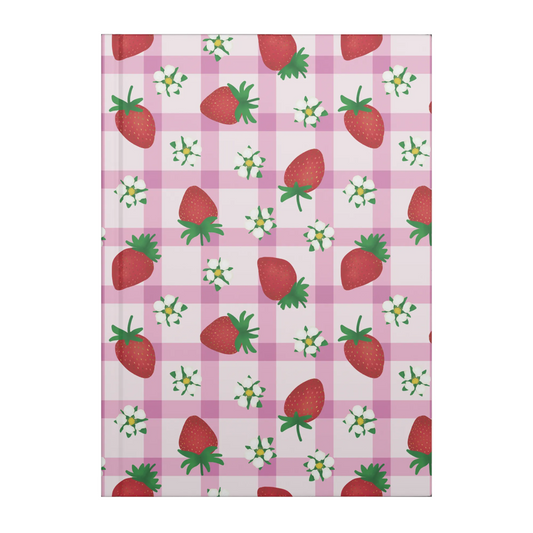 Hardcover journal with red strawberries and white flowers on pink gingham.