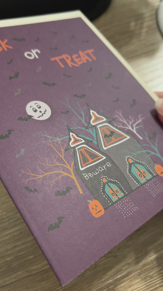 Trick or Treat Haunted Houses Halloween Card, Ecofriendly, Recycled Paper, Imperfect