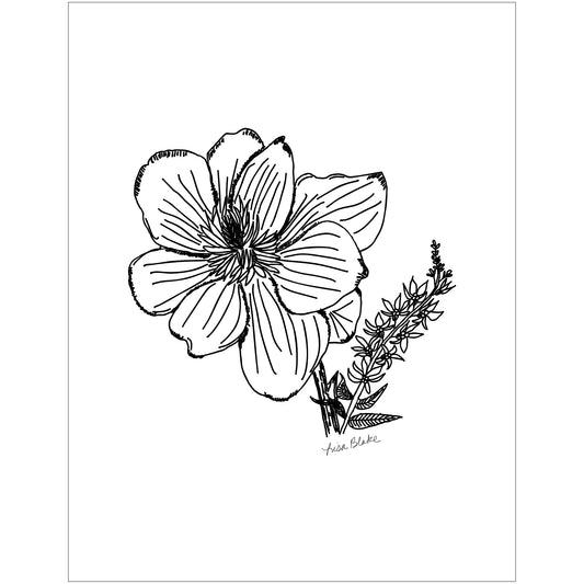 An eco-friendly art print of a of an ink drawing of a Magnolia flower.