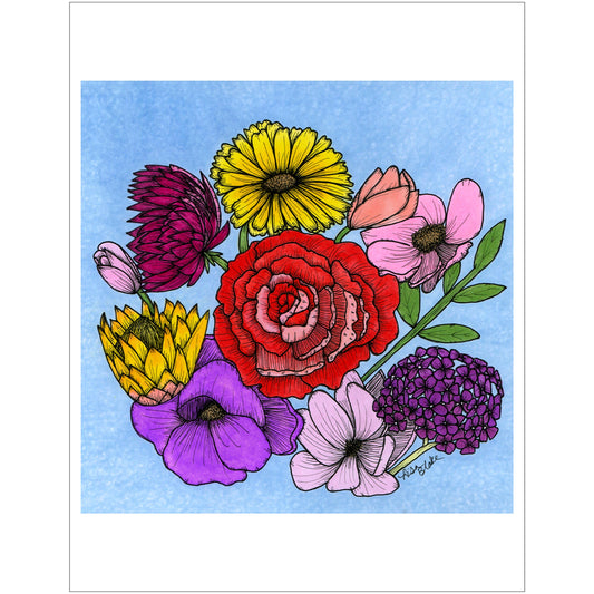 An eco-friendly art print of a of a colored pencil and marker drawing of a floral bouquet.
