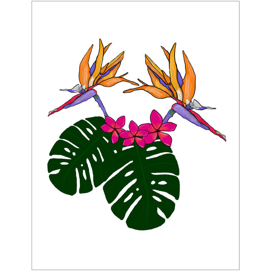 An eco-friendly art print of a of a digital drawing of a Bird of Paradise Flowers with Monstera Leaves and Plumeria Flowers.