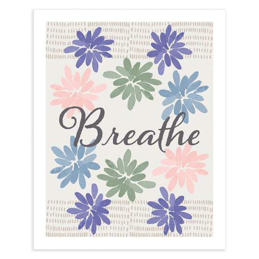 An eco-friendly art print featuring gouache painted flowers and marks with the word "Breathe" in script.