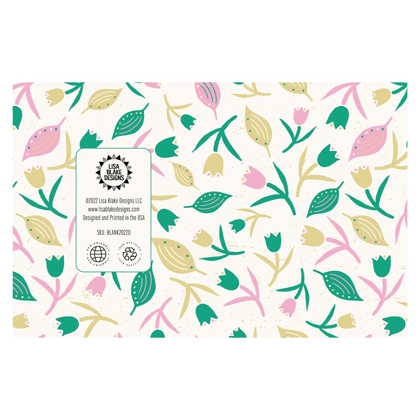 Tulips & Leaves Cream, Green & Pink Blank Card features a pattern with tulips and leaves in shades of green and pink on a cream background. The pattern extends over the back of the card too. 