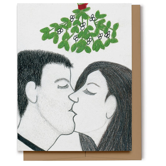 A Christmas card featuring a couple kissing under the mistletoe. Hand drawn using colored pencils.
