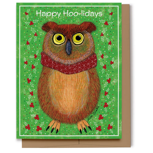A holiday card featuring a hand drawn owl wearing a scarf on a green background with holly which reads, "Happy Hoo-lidays." Digitally hand drawn using Procreate App.