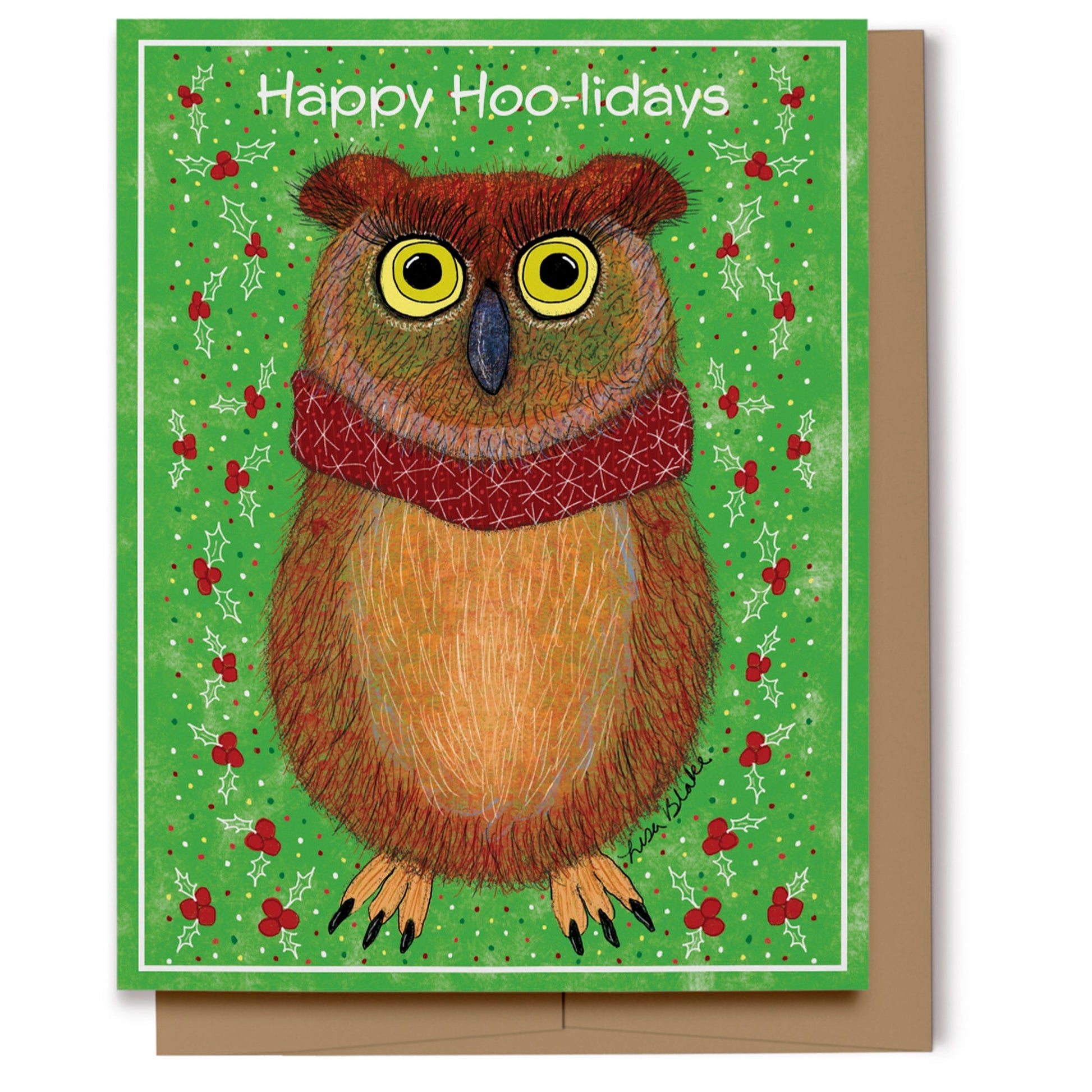 A holiday card featuring a hand drawn owl wearing a scarf on a green background with holly which reads, "Happy Hoo-lidays." Digitally hand drawn using Procreate App.