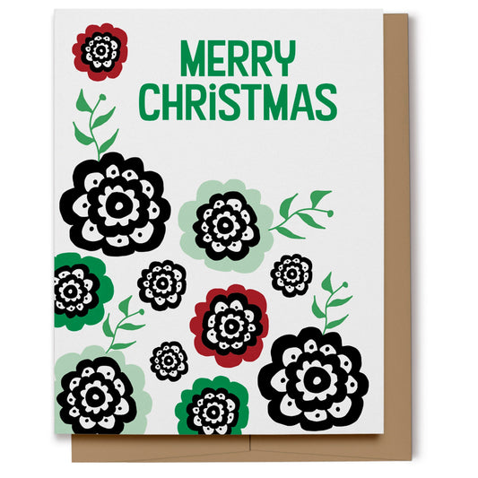Merry Christmas card with red, green and black flowers on a white background with green text. Digitally hand drawn.