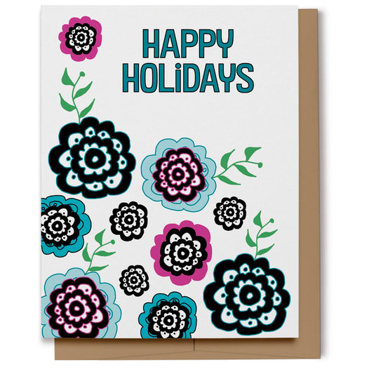 Happy Holidays card with colorful blue, pink and black flowers on a white background. Digitally hand drawn.