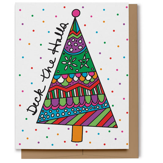 Colorful intricately designed Christmas tree on a polka dot background and with "Deck the Halls" handlettering. Digitally hand drawn.