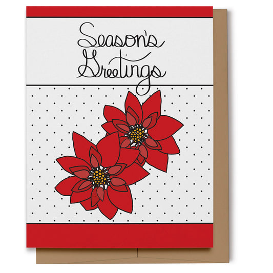 Season's greetings holiday card featuring hand lettering and red poinsettias on a black polka dot background. Digitally hand drawn.