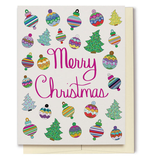 Fun & Festive Merry Christmas Card featuring hand drawn colorful ornaments & Christmas trees with fuchsia-colored hand lettered "Merry Christmas" script.
