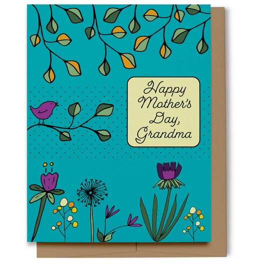 Happy Mother's Day card for Grandma with digitally hand drawn purple bird, purple and yellow flowers and green leaves on a turquoise background with a strip of dots and a yellow block of text which reads, "Happy Mother's Day, Grandma".