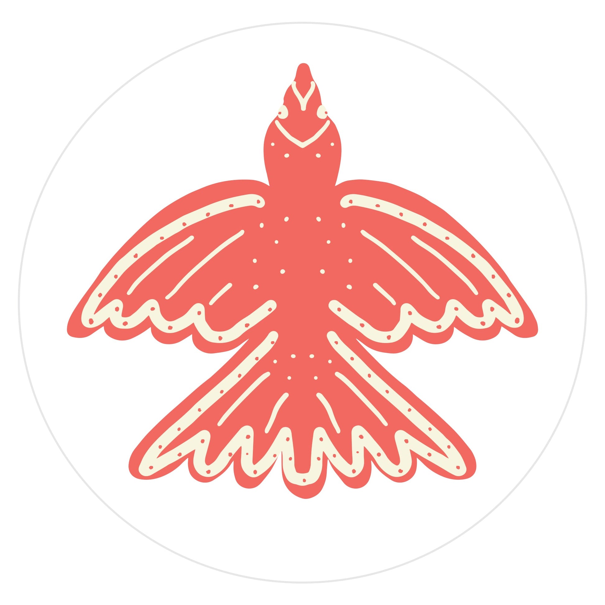 Mockup of Coral Orange Dove envelope seal featuring a hand drawn flying bird (viewed from above) colored with coral orange with beige decorative marks.