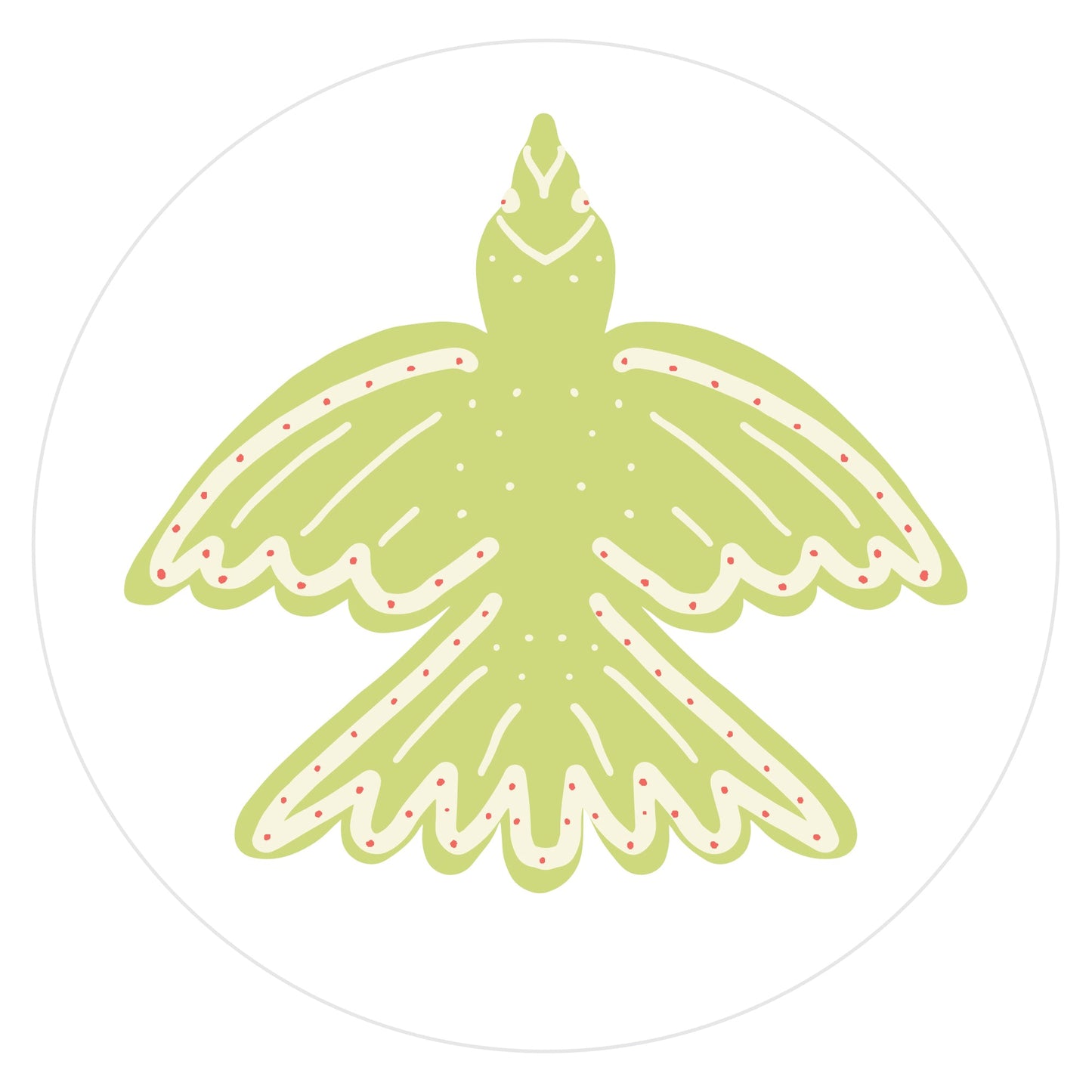 Mockup of Melon Green Dove envelope seal featuring a hand drawn flying bird (viewed from above) colored with melon green with beige and orange decorative marks.