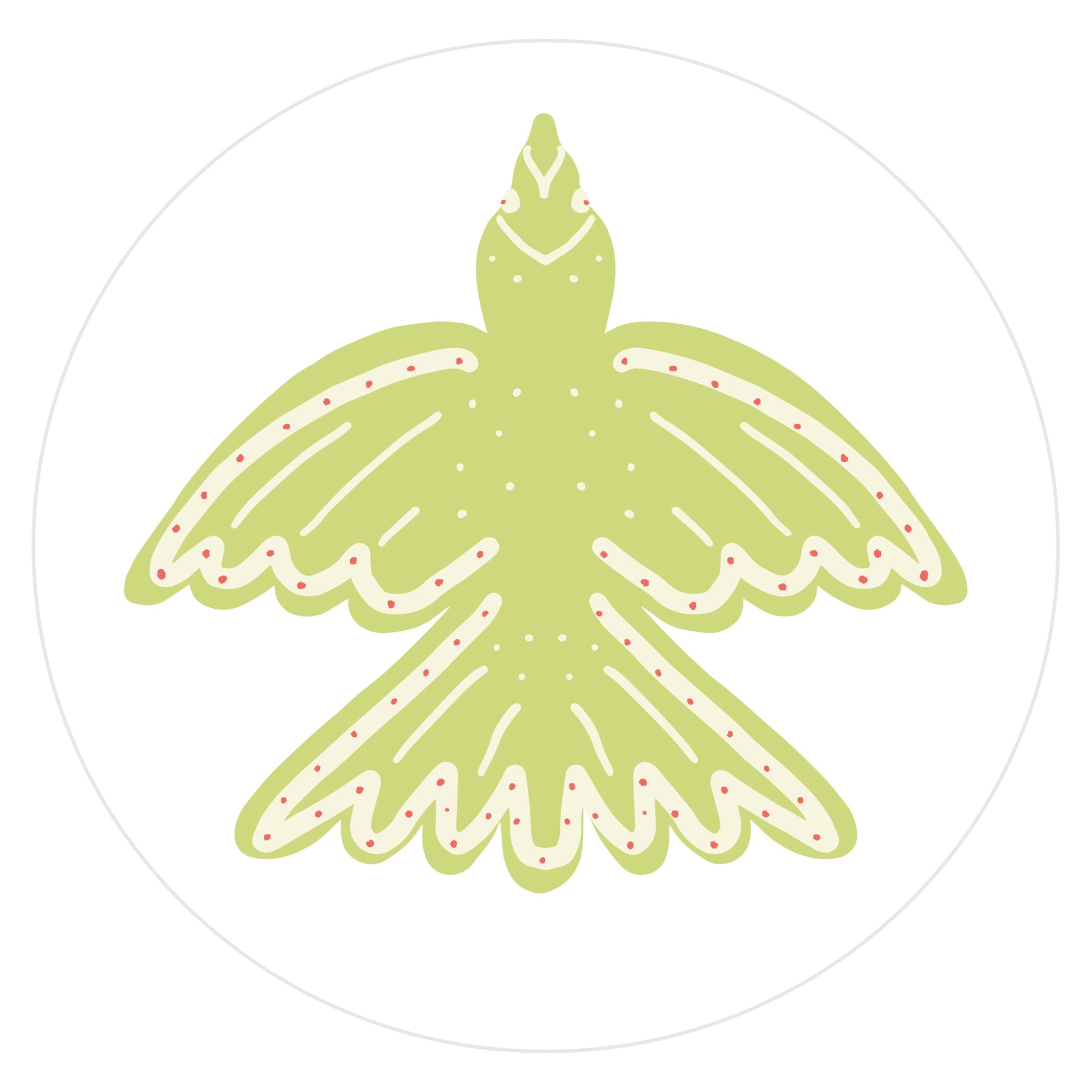 Mockup of Melon Green Dove envelope seal featuring a hand drawn flying bird (viewed from above) colored with melon green with beige and orange decorative marks.