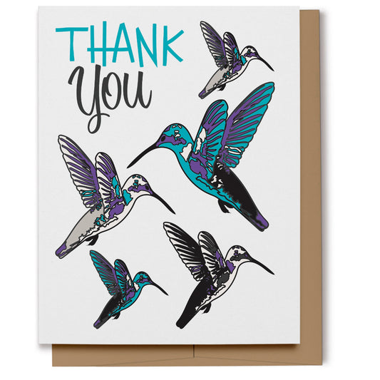 Thank you card featuring colorful hummingbirds. Digitally hand drawn.