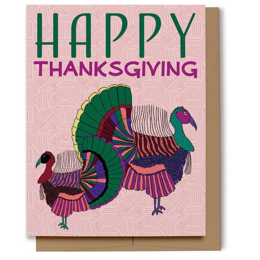 Happy Thanksgiving card with colorful hand drawn turkeys on a pink textured background.